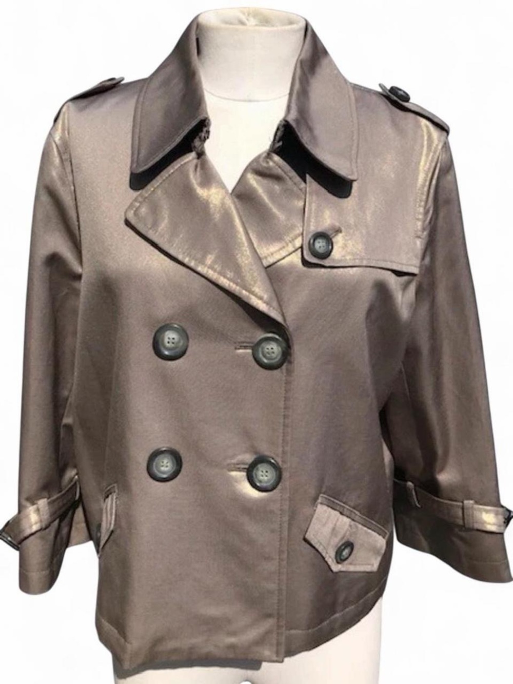Alfani Metallic Taupe Double-Breasted Short Trench Coat